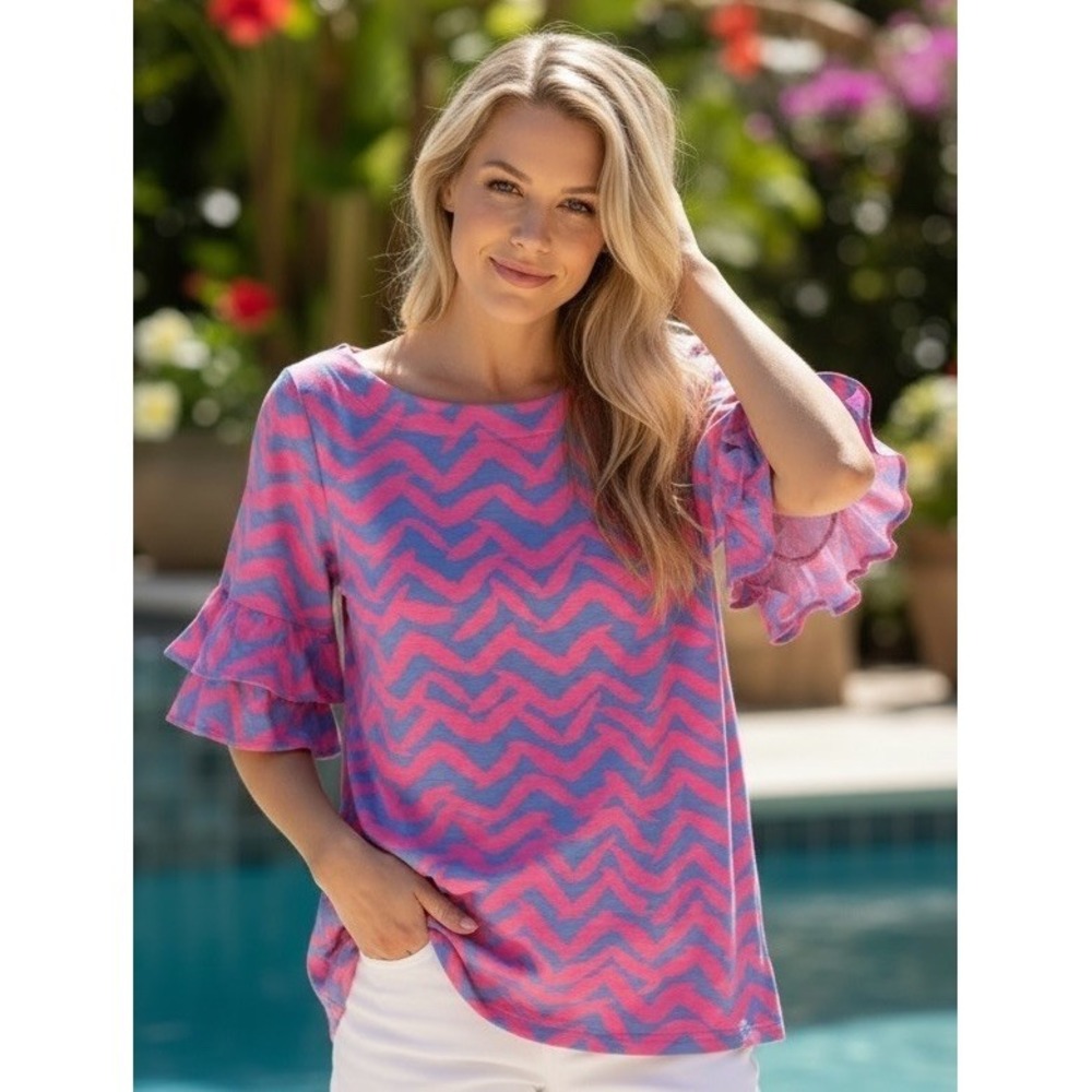 New LILLY PULITZER Lula Ruffle Sleeve Top Size XXS Shirt Pretty‎ Pink Blouse